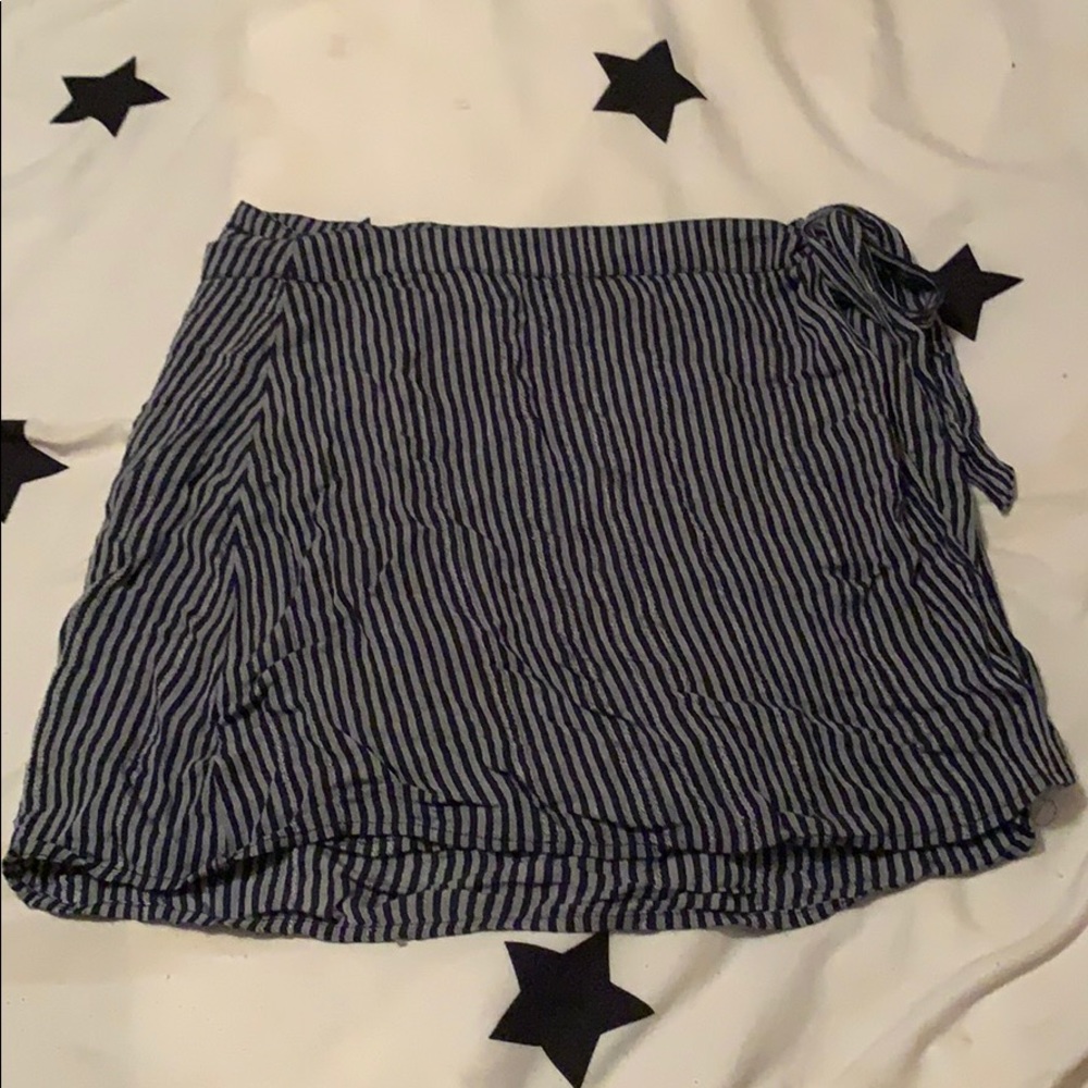 blue and grey striped wrap skirt